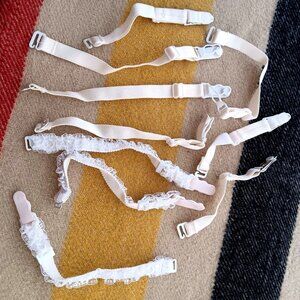 Adjustable White Elastic Garter Straps Lace Trim Set Of 5 With Plastic Clips